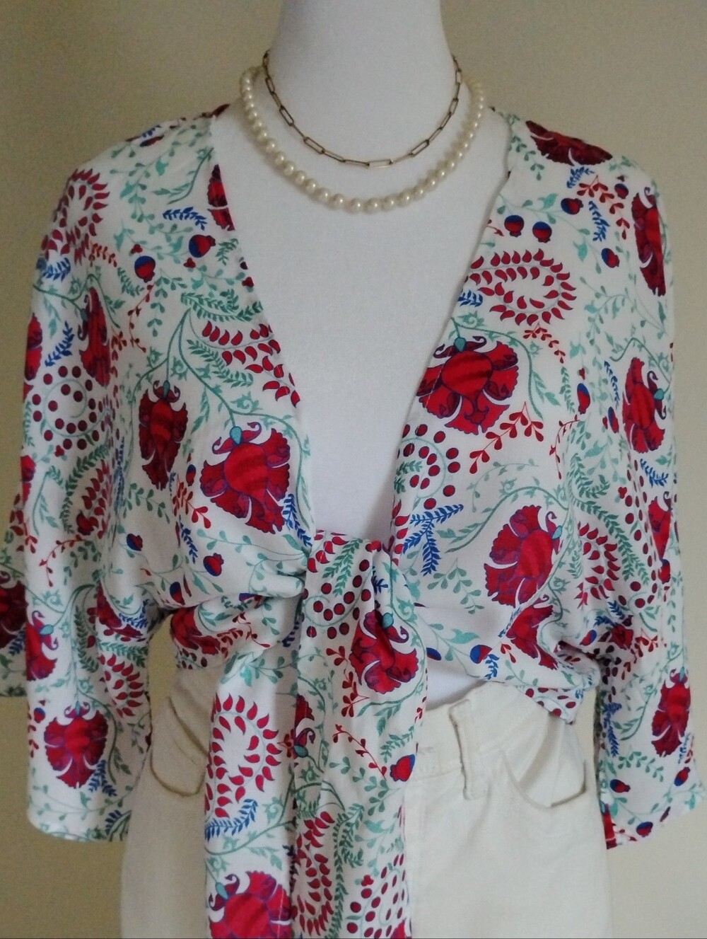 Toluca Wrap Kimono Top Beach Coastal Colorful Floral Red White Blue Size Medium